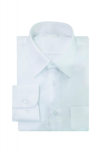 This mens tailor made white business shirt in premium quality Long Staple Supima cotton is a delightful formal featuring an iconic European Narrow Forward Point Collar with 3 inch wide collar points and 1 1/4 inch collar height. This mens custom made slim fit white business dress shirt also features 2 gorgeous rounded barrel cuffs. With a plain back and 1 standard pocket on the left, this mens bespoke supima cotton white dress shirt also features a placket front. You can buy this mens handmade dress shirt at My Custom Tailor.