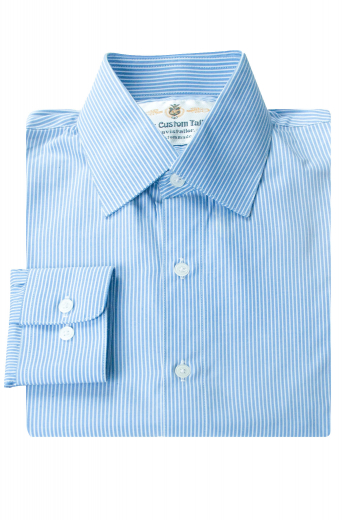 This wonderfully hand stitched mens tailor made Egyptian cotton light blue dress shirt features a stunning pinstripe pattern. This classy mens custom made slim fit striped business shirt has a semi-spread collar with 3 inch wide collar points, 2 rounded barrel cuffs, and a placket front. You can wear this mens made to order light blue slim fit formal shirt with mens bespoke slim fit black dress pants for a corporate look. Buy this mens handmade Egyptian cotton light blue striped shirt at My Custom Tailor at affordable rates.