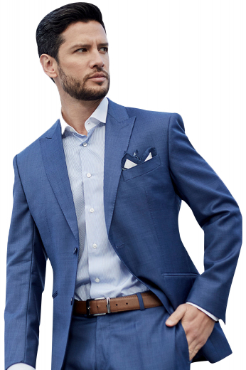 This elegantly hand sewn mens bespoke French blue blazer in merino wool is a formal delight. With 2 stunning 3/4 inch wide slim ruled peak lapels and 1 boutonniere on the left lapel, this mens custom made slim fit french blue blazer also features 2 front close buttons, 1 upper welt pocket, and 2 slanted double piped lower pockets. This mens bespoke slim fit blue jacket has a center vent and hand moulded shoulders. You can buy this mens tailor made merino wool blazer at My Custom Tailor to get the lapels and pockets hand sewn too.