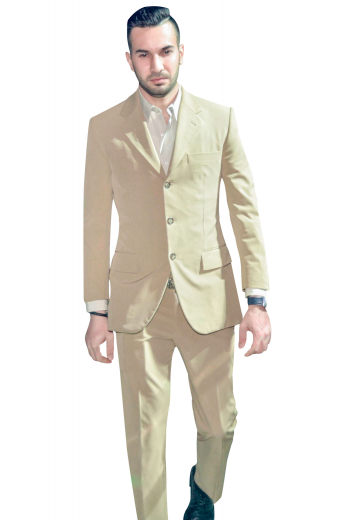 Mens handmade 120s wool light beige suit. Features a tailor made slim fit dinner jacket with hand moulded shoulders and custom made dress pants with 2 front slash pockets. The mens custom made jacket has 3 front close buttons, 2 notch lapels with 1 boutonniere on the left lapel, 1 upper welt pocket, 2 lower flapped pockets, and a center vent. The mens bespoke slim fit dress pants have a 2 point button and hook closure, a zipper fly, and 2 back pockets. Buy this mens bespoke slim fit suit at My Custom Tailor for a dapper look.