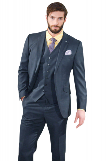 Mens custom made 120s wool dark grey 3pc suit. Features a bespoke slim fit vest, a custom made dinner jacket, and handmade slim fit dress pants. The mens tailor made slim fit jacket has 2 front buttons, 2 notch lapels, 1 upper welt pocket, 2 lower flapped pockets, and hand moulded shoulders. The handmade vest has 6 front buttons, a V neck, and an adjustable cloth back with a buckle. And, the mens bespoke slim fit pants have a 2 point button and hook closure, 2 front slash pockets, and a zip fly.