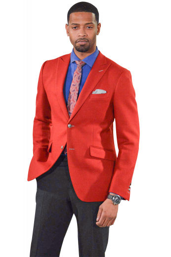 This is a trendy mens handmade gabardine wool red blazer with features like a contrast buttonhole stitching. This mens tailor made slim fit red blazer also puts to show a single breasted pattern, 2 silver front close buttons, 2 slanted lower pockets with flaps, and 1 upper welt pocket. With 2 stunning 3 inch wide peak lapels, this mens custom made slim fit blazer also features 1 striking boutonniere on the left lapel. You can buy this trendy mens made to order gabardine wool blazer at My Custom Tailor for a sexy look.