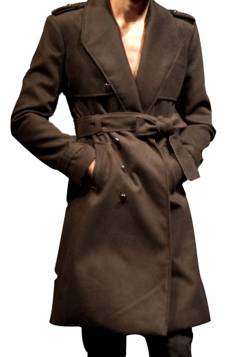 This gorgeous womens tailor made dark brown wool overcoat features a shawl collar that's adorned with 2 3-inch-wide lapels. Ending just above the knees, this one-of-its-kind of womens bespoke dark brown overcoat features an epulatter on both shoulders, buttoned epaulettes on both the cuffs, a beautiful back with a sewn down belt with 4 pleats above and under belt, and 2 slanted lower pockets. The edges of the pockets and lapels of this womens handmade wool overcoat are hand stitched by skilled weavers at My Custom tailor.
