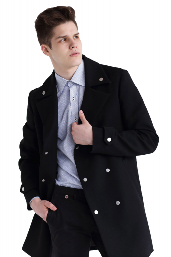 This is a dapper mens handmade black overcoat in 180s wool with an iconic duckbill collar with 3-inch-wide lapels. Ending just above the knees, this mens custom made double breasted overcoat features 2 slanted lower pockets and elegant buttoned epaulettes on both the cuffs. You can buy this mens made to order wool overcoat at My Custom Tailor to stay cozy and warm during winters.