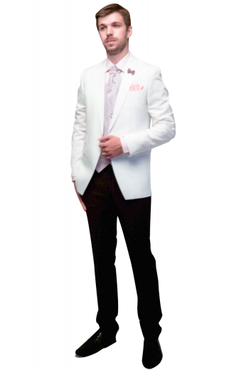 This stellar men handmade white 2 piece wool suit - featuring a bespoke slim fit jacket and handmade tuxedo pants - is perfect for weddings and corporate parties. The mens custom made slim fit dress pants have a flat front, 2 back pockets, a 2 point button and hook closure, and a zipper fly. The mens tailor made dinner jacket has 1 front close button, 2 satin-facing notch lapels with 1 boutonniere on the left lapel, 1 upper welt pocket, 2 lower flapped pockets, and a hand sewn flapped ticket pocket on the left.