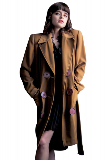 This womens custom made light brown wool overcoat is a treat for fashion lovers. With comfortable hand moulded shoulders and rounded lower patch pockets with flaps, this womens bespoke double breasted topcoat has 8 big purple front buttons, 3 to close. Buy this stunning womens tailor made wool overcoat at My Custom Tailor where weavers can also artistically hand stitch the edges of the pockets and lapels.