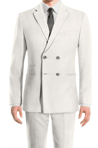 This mens handmade double breasted ivory suit in wool features a bespoke slim fit jacket and handmade flat front pants. The mens tailor made double breasted jacket has 4 front buttons, 2 to close, 2 double piped lower pockets, 1 double piped ticket pocket on the left, 1 upper welt pocket, and 2 notch lapels. The mens custom made slim fit dress pants have 2 front slash pockets, 2 back pockets, and a 2 point button and hook for closure. Buy this mens bespoke wool suit at My Custom tailor for a luxurious feel.
