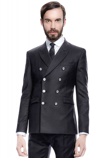 Turn heads in this stunning mens handmade double breasted black suit in 120s wool from the range of premium handmade suits by My Custom Tailor. This mens custom made slim fit suit features a bespoke double breasted jacket and handmade dress pants. The mens made to order slim fit jacket has 8 silver buttons, 3 to close, 2 peak lapels with 1 boutonniere on each lapel, 1 upper welt pocket, and 2 lower flapped pockets. The mens handmade slim fit dress pants have a zip fly to close, 2 back pockets, and 2 front slash pockets.