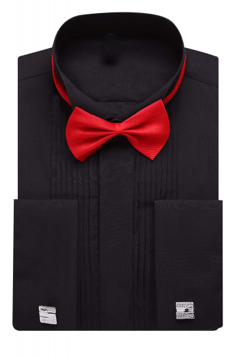 This mens handmade black tuxedo shirt in sea island cotton is a wonderful garment that you can wear to weddings and black ties. With a wing tip collar and 2 squared edge french cuffs, this mens custom made slim fit tuxedo shirt also features an iconic pleated front with a hidden button pattern that looks extra sophisticated and too stylish to ignore. Buy this iconic mens made to order cotton tuxedo shirt at My Custom Tailor and grab all the attention at all the events you attend.
