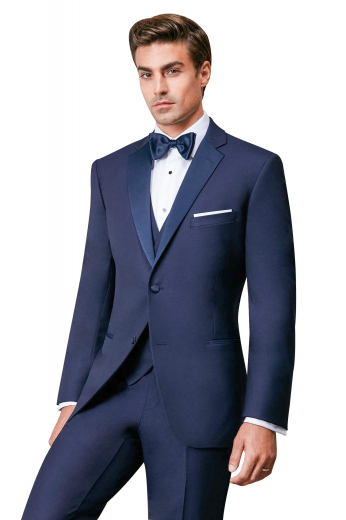 Mens handmade navy blue tuxedo suit in superwool. Features a mens bespoke slim fit tux jacket and mens custom made suit pants with a zipper fly for front closure. The mens tailor made dinner jacket has a single breasted pattern with 1 fabric covered front close button, 2 satin-facing notch lapels, 1 upper welt pocket, and 2 double piped lower pockets. The mens handmade dress pants have 2 front slash pockets and 2 back pockets. Buy this mens bespoke two piece dinner suit at My Custom Tailor to stay stylish.