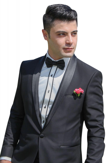 Mens handmade cashmere wool black tuxedo for weddings and corporate events. Features a mens custom made slim fit tuxedo jacket and mens handmade suit pants with extended belt loops. The mens made to order dinner jacket has an elegant shawl collar with satin-facing lapels, 1 exquisite fabric covered button for front closure, an upper welt pocket, and 2 lower flapped pockets. The mens bespoke slim fit dress pants have 2 front slash pockets, 2 back pockets, a 2 point button and hook closure, and a zip fly. 