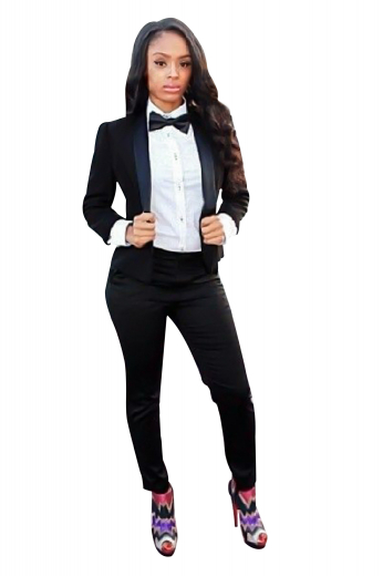 Style no.16128 - Get party-ready with this stunning womens tailor made slim fit wool black tuxedo, featuring a womens handmade short length tuxedo jacket and womens tailor made slim fit suit pants. The womens handmade black tux jacket has a single breasted style, a shawl collar with satin-facings lapels, and a classic medium gorge. The womens handmade dress pants have flat fronts with a zipper fly for front closure. Buy this trendy womens tailor made wool tuxedo at My Custom Tailor and get ready for weddings and corporate events in no time. 