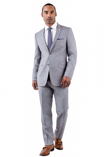 Mens handmade single breasted silver wool suit from the classic range of handmade formals at My custom Tailor. Perfect for formal gatherings and work. Presents a mens handmade slim fit jacket and mens tailor made suit pants with 2 point hook and button closure. The mens bespoke slim fit jacket has 2 rolled peak lapels, 1 boutonniere on the left lapel, 2 front close buttons, 2 slanted lower flap pockets, and 1 upper welt pocket. The mens bespoke dress pants feature hand sewn cuff hems, 2 front slash pockets, and 2 back pockets. 