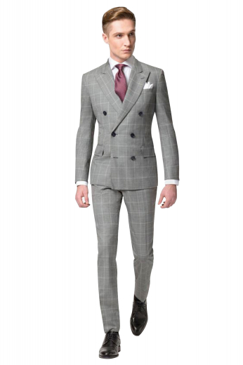 Slay in style in this mens handmade alpaca wool double breasted grey suit at My Custom Tailor, featuring a stylish mens handmade double breasted jacket and comfortable mens bespoke slim fit suit pants. The mens tailor made jacket in windowpane checks has 6 front buttons with 2 to close, 2 peak lapels, 1 upper welt pocket, and 2 lower flapped pockets. The mens custom made suit pants have an iconic 2 point button and hook closure and a zipper fly to support the extended belt loops, 2 front slash pockets, and 2 back pockets. 