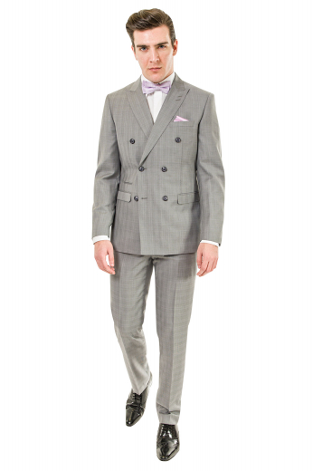 Mens must buy custom made light grey plaid suit in wool. Features a mens handmade double breasted jacket and mens tailor made suit pants. The mens bespoke jacket has 6 front buttons with 2 to close, stylish peak lapels with 2 stunning boutonnieres on the left lapel, 1 upper welt pocket, 2 lower flapped pockets, and 1 exquisite double piped ticket pocket on the left. The mens bespoke slim fit dress pants have a classic flat front with 2 front slash pockets, 2 back pockets, a zipper fly, and a 2 point button and hook closure.  