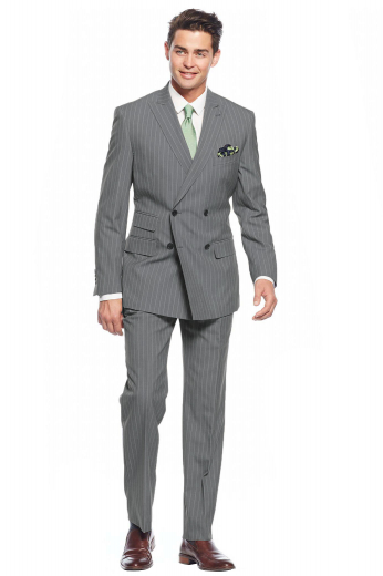 Mens handmade light grey suit in 150s wool. Features a mens tailor made slim fit jacket and mens custom made suit pants. The mens handmade double breasted jacket with stripes is fabricated to flaunt 4 front buttons with 2 to close, 2 slim ruled peak lapels with a dashing boutonniere on the left lapel, 2 lower flapped pockets, 1 upper welt pocket, and a special double piped ticket pocket on the left. The mens handmade slim fit pants feature a crisp flat front augmented with a zipper fly and a 2 point button and hook closure. 