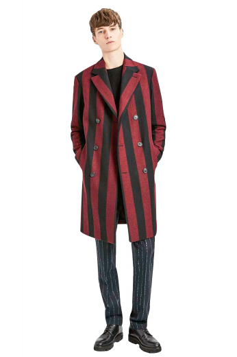 This mens handmade cashmere wool overcoat displays a stunning long stripes pattern in black and red. This mens tailor made slim fit topcoat has a stunning double breasted pattern with 6 front buttons, 3 to close. With 2 neatly rolled 3-inch-wide notch lapels and 2 slanted lower pockets on the front, this mens made to order double breasted overcoat ends just above the knees. Buy this handsome mens handmade topcoat at My Custom Tailor to stay warm and cozy without giving up on style this season.