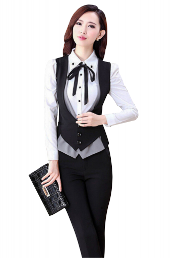 Trendy womens tailor made black pant suit in silk. A perfect office wear with handmade flat front pants and a bespoke slim fit vest. The womens tailor made suit pants feature comfortable belt loops with a 2-point button and hook closure. The womens made to order silk vest puts on view an iconic deep U neck and is adorned with 3 front closure buttons and an adjustable cloth back with a buckle. You can buy this affordable womens tailor made pant suit at My Custom Tailor to experience luxury like never before.