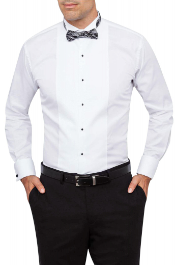 This iconic mens handmade tuxedo shirt in white is perfect for the wedding season. Whether it's a cocktail event or a reception party, this mens bespoke tuxedo shirt will keep you stylish and comfortable. It features a stellar wing tip collar and a placket front adorned with black buttons to close. This mens tailor made tuxedo shirt in cotton has a slim cut fit with squared edge French cuffs and is an invaluable addition to upgrade your wardrobe of premium quality tuxedos at affordable rates.