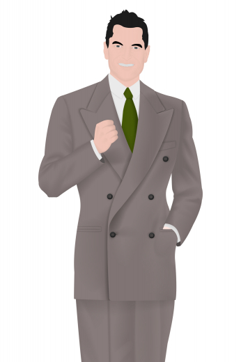 Behold a tailored men's slim fit vintage suit with a classically flattering design made by expert tailors. This handmade vintage suit features a pair of flat front suit pants with a standard two-point button and hook closure and a classic four pocket design. The pants are paired with a matching custom made double breasted vintage jacket with six buttons, 1 to close and peak lapels.