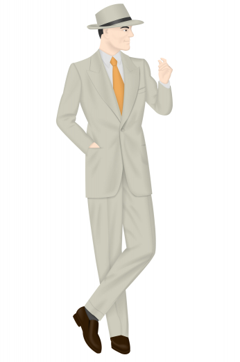 This made to measure vintage style suit features a jacket that is cut long with wide padded shoulders and wide peak lapels paired with pleated pants. The tailor made suit pants fit high on the waist, bulged out over the thigh and knee, and tapered into the ankle, with a turn-up. Double Pleats at the waistband allow more fabric to drape down, creating a baggy effect.
