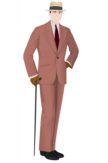 Custom Made Athletic 1930's Vintage Style Men's Suit with Pleated Pants. The suit features athletic form with wide shoulders, narrow waist, and full legs Pants for the style of the decade. The jacket is hand-tailored by skilled professionals with classic one-button full-cut design, slanted double piped pockets and wide flattering peak lapels, it is then paired with a pair of vintage style double pleated pants with a full cut loose fit.