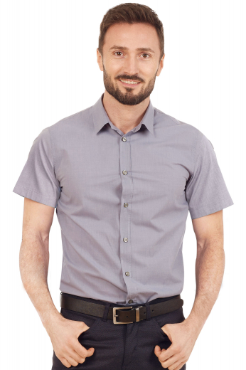 A gorgeously bespoke men's handsomely tailored formal short sleeve shirt crafted by skilled professional tailors just for you. This impeccable dress shirt features a classically stylish ainsley collar, a slim yet highly flattering cut, a a comfortable placket front, a breathable back, and standard tails.