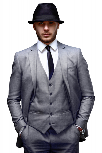 Wear this mens handmade gabardine made three piece grey suit to board meetings and corporate parties to make a style statement. It features a flat front mens bespoke suit pant, 1 slim fit custom suit jacket, and 1 handmade vest. The mens handmade suit pant features 2 back pockets, front slash pockets, and hand sewn cuff hems at the bottom. The trendsetting mens bespoke blazer has a 2 button front closure and 2 notch lapels. The mens bespoke vest has 5 front closure buttons and a satin back with an adjustable buckle.