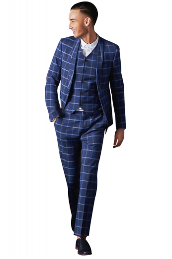 This elegant mens handmade checkered three piece blue suit in gabardine is an absolute stunner. It has a mens bespoke suit pant, a mens custom suit jacket, and a mens tailor made vest. The mens bespoke pant has a flat front and a zipper fly. The mens handmade vest has 5 front closure buttons and a V-neck. The mens tailor made blazer has an iconic slim cut finish with a shawl collar and 2 front closure buttons. Order online at My Custom Tailor where weavers can also hand stitch the edges of the pockets and lapels.