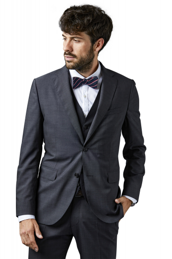 This iconic mens bespoke cashmere wool three piece suit in black is ideal for board meetings and corporate parties. It is a must buy formal garment that is a collection of mens bespoke pant - with a flat front and slash pockets on the front - mens custom suit jacket - with 2 front closure buttons and 2 notch lapels - and a mens slim fit vest festooned with a V-neck and a single breasted style. Order online at My Custom Tailor where weavers can hand stitch the edges of the lapels and pockets of the mens bespoke blazer upon request