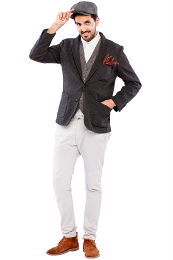 This is a must have mens custom vintage style jacket in grey, handmade with mohair wool by fabric magicians at My Custom Tailor. It is a simple yet stylish standard cut mens victorian style custom blazer that puts to display a stunning upper rounded patch pocket on the left and 2 lower rounded patch pockets. With 3-inch wide notch lapels, this single breasted blazer is an ideal sports jacket that will keep you comfortable at office as well as golf games.