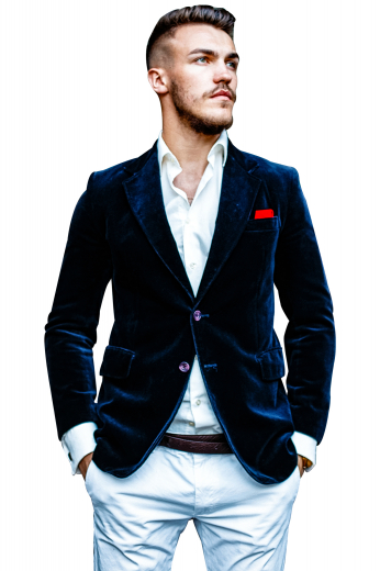 This is an iconic tailor made velvet blue blazer that's a classic single breasted marvel magicked at My Custom Tailor. It is made to measure to reflect elegance with its slim cut fitting that looks totally enthralling when worn with mens slim fit pants and formal bespoke shirts in contrasting colours. It is a classic sports jacket woven with notch lapels, two front closure buttons, one upper welt pocket, and two lower pockets with flaps.