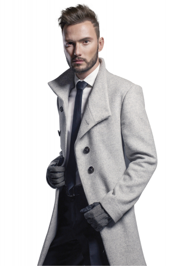 This men's black coat is tailor made in a fine wool and tweed and cut to a slim fit, featuring a double breasted button closure and lands just above the knee. 