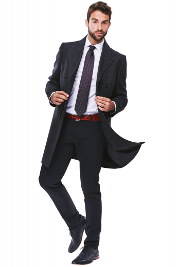 This men's black coat is tailor made in a fine wool and tweed and cut to a slim fit, featuring a double breasted button closure and edge stitched pockets. It is a fashionable coat, sure to become a favorite in your winter wardrobe!
