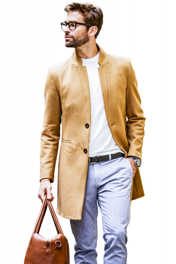 This men's bright, tan colored coat is tailor made in a fine wool and tweed and cut to a slim fit, featuring a single breasted button closure and welt pockets. 