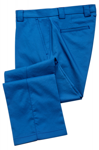 This men's custom made blue trouser is tailor made in a fine wool blend and cut to a slim fit, featuring slash pockets, extended belt loops and a flat front pleat. 