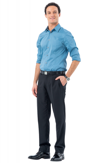 This men's custom made black trouser is tailor made in a fine wool blend and cut to a slim fit, featuring slash pockets and a flat front pleat. It is a sleek option for your everyday wardrobe!