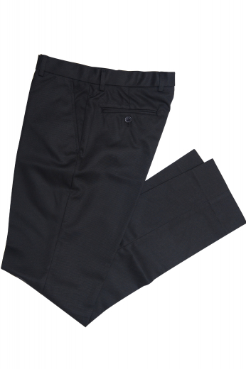 This men's custom black trouser is made to measure in a fine wool blend and cut to a slim fit, featuring slash pockets and a flat front pleat.