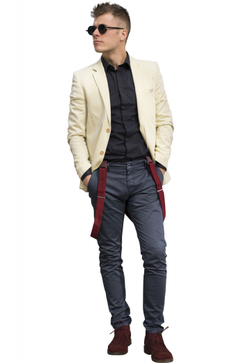 This men's charcoal and black pant is tailor made in a fine wool blend and cut to a slim fit, featuring slash pockets, contrast stitching, and extended belt loops, perfect to dress up or down for any occasion.