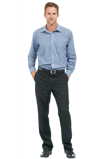 This men's slim cut blue striped button down is custom made in a fine linen blend and features an ainsley collar and rounded barrel cuffs. 