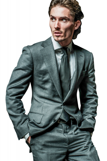 This grey green men's suit is tailor made in a fine wool blend and cut to a slim fit, featuring a single breasted two button closure, handstitched lapels, and handsewn cuffs.