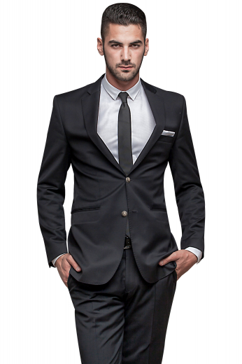 This men's custom pant suit is tailor made in a fine wool blend and cut in a slim fit, featuring notch lapels, single breasted button closures, and hand sewn cuffs.