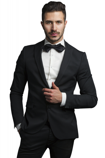 This men's sleek black pant suit is tailor made in a fine wool blend and cut in a slim fit, featuring notch lapels, single breasted button closures, and hand sewn cuffs.