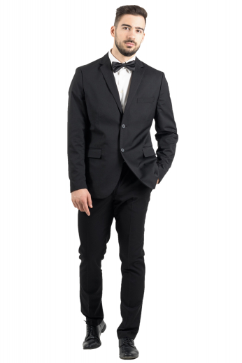 This sleek men's pant suit is tailor made in a fine wool blend and cut in a slim fit, featuring notch lapels, single breasted button closures, and slash pockets.
