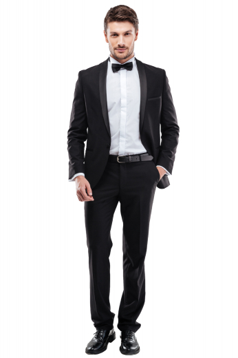 This men's pant suit is tailor made in a fine wool blend and cut to a slim fit, featuring a single breasted button closure, satin shawl collar, and welt pockets.