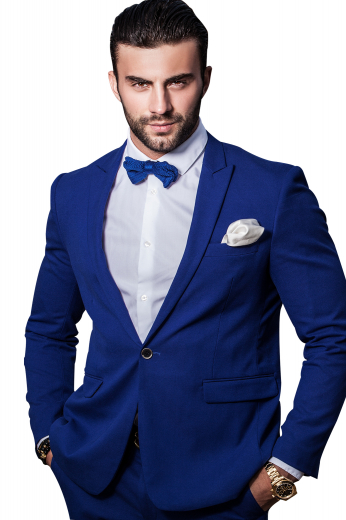 This men's pant suit is tailor made in a fine wool blend and cut to a slim fit, featuring a single breasted button closure, peak lapels, and hand sewn cuffs.