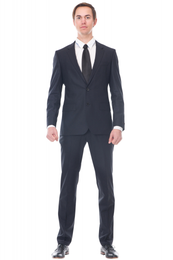 This men's pant suit is tailor made in a fine wool blend and cut to a slim fit, featuring a single breasted button closure and notch lapels. 