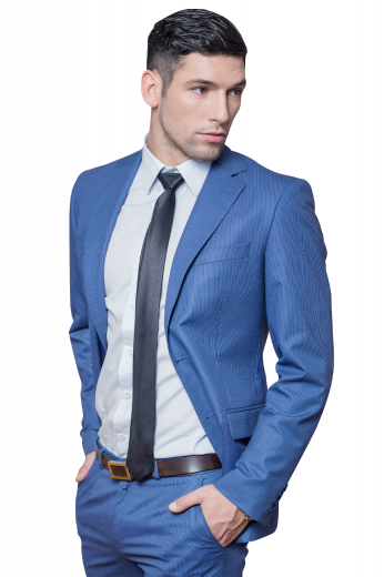 This blue men's pant suit is tailor made in a wool blend, featuring a single breasted three button closure, notch lapels and slash pockets. It is a sleek option for all formal occasions.