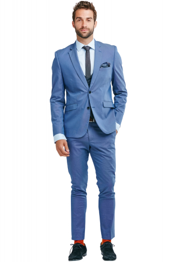 This men's pant  suit is tailor made in a fine wool blend and cut to a slim fit, featuring single breasted button closures, notch lapels and slash pockets. It is perfect for all formal occasions, in a pastel blue color. 