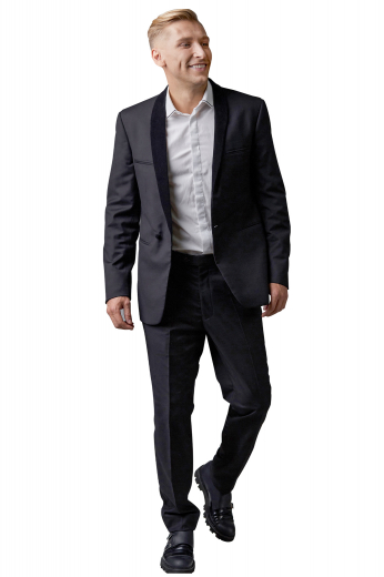 This men's pant suit is tailor made in a fine wool blend and cut to a slim fit, featuring a single breasted button closure, shawl collar, and slash pockets. 